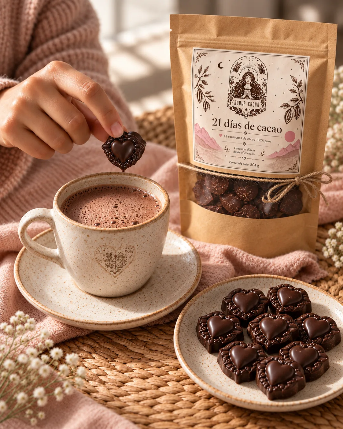 Bolsa de 21 días de cacao con 42 corazones junto a una taza de cacao